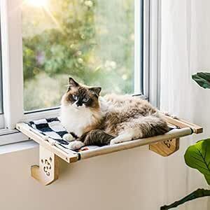 MEWOOFUN 猫ベッド 窓用 ハンモック 木製 木製と金属製フレーム 頑丈 窓枠 ベッドサイド 引き出し キャビネットなどに簡