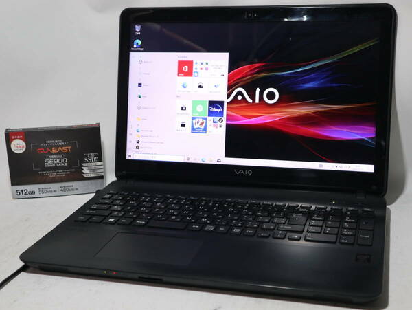 FULL HD ★ Core i3 VAIO Fit ブラック★ windows 10 Pro ≪ 爆速 仕様 ≫ 新品SSD512GB搭載 /メモリ8G /WebCam/WiFi/DVD/office2019