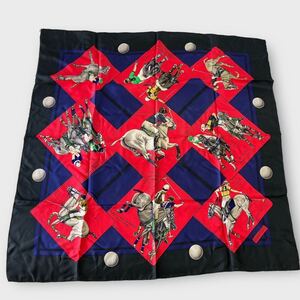 HERMES(エルメス)/カレ90 スカーフ LE MONDE DU POLO&1978 ポロの世界　赤 　ジョッキー馬　柄　赤　黒　 Silk Scarf 90 シルク