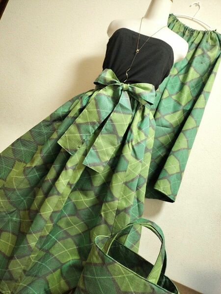 1209　着物リメイク☆紬ギャザースカート+ガウチョパンツ＆トートバッグ、ストール