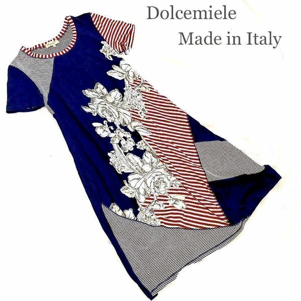 送料無料【ドルチェミエーレ/Dolcemiele】イタリア製/カットソー素材/マキシ丈ワンピース/M/マキシワンピース/ジオン商事/パッチワーク風