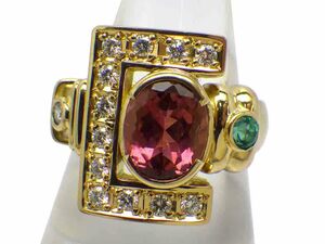 ピンクトルマリン エメラルド ダイヤモンドリング K18 12.2g 12号 鑑別書付 Pink Tourmaline2.10ct Emerald0.15ct Dia0.32ct Ring