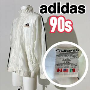 【希少】万国旗タグ 90s OLD adidas アディダス ナイロンジャケット 胸元ロゴ スリーライン ホワイト M RP D1