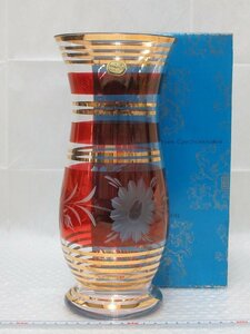 P2667 ボヘミアクリスタルガラス 金彩 フラワーベース 花器 花瓶 紙箱