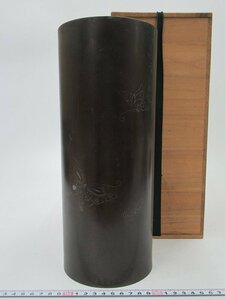 D1570 唐銅 銀象嵌 蝶文 花瓶 高さ30cm 筒花入 花生 銅花器 2.052kg