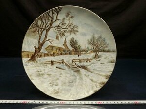 L6423 ハンドペイント 作者不明 雪景色 絵皿 飾り皿 陶芸 陶器