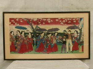 E4105 三代 歌川広重 「東京名所上野公園不忍池中嶋弁天之景」 木版画 三枚綴 額装 浮世絵