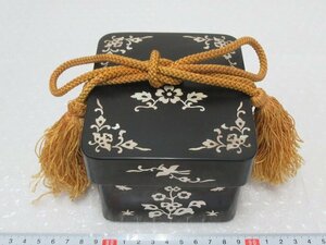 P3080 higashi . work black paint mother-of-pearl skill regular .. writing hand . hand box wooden lacquer ware 