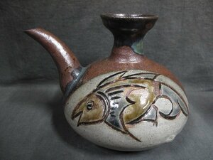 A6303 gold castle next . Tsuboya fish writing kalakala sake note Okinawa ceramics 