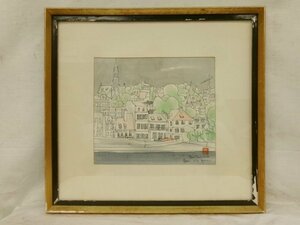 Art hand Auction E4337 貢印 サイン有 港街風景 ペン･水彩 色紙 額装, 絵画, 水彩, 自然, 風景画