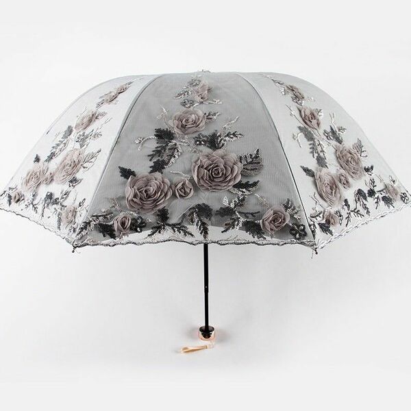 刺繍　折りたたみ傘　レース　花柄　薔薇　高級　晴雨兼用　日傘　プレゼントにも　グレー