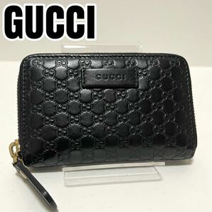 【0769】美品 GUCCI グッチ コインケース カード 小銭 名刺 ラウンドファスナー マイクロシマ GG柄 レザー ブラック 黒 メンズ レディースの画像1