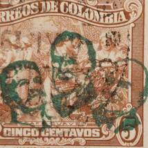 J566 コロンビア切手「コーヒー摘み取り」デザインに「大戦主連合国トップのスターリン、ルーズベルト、チャーチル」を加刷 1945年 使用済_画像2