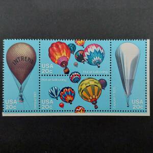 J655 アメリカ切手「有人熱気球飛行200周年『熱気球4種連刷切手』（1861年イントレピッド、1935年エクスプローラーⅡ他）」1983年 未使用