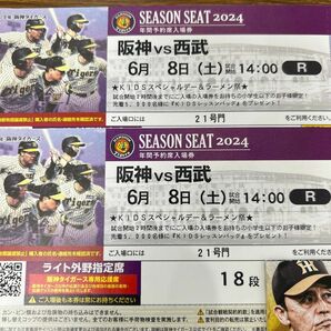 6月8日(土) 阪神vs西武　甲子園球場　14:00〜　ライト外野指定席 2席連番　ペアチケット　通路側