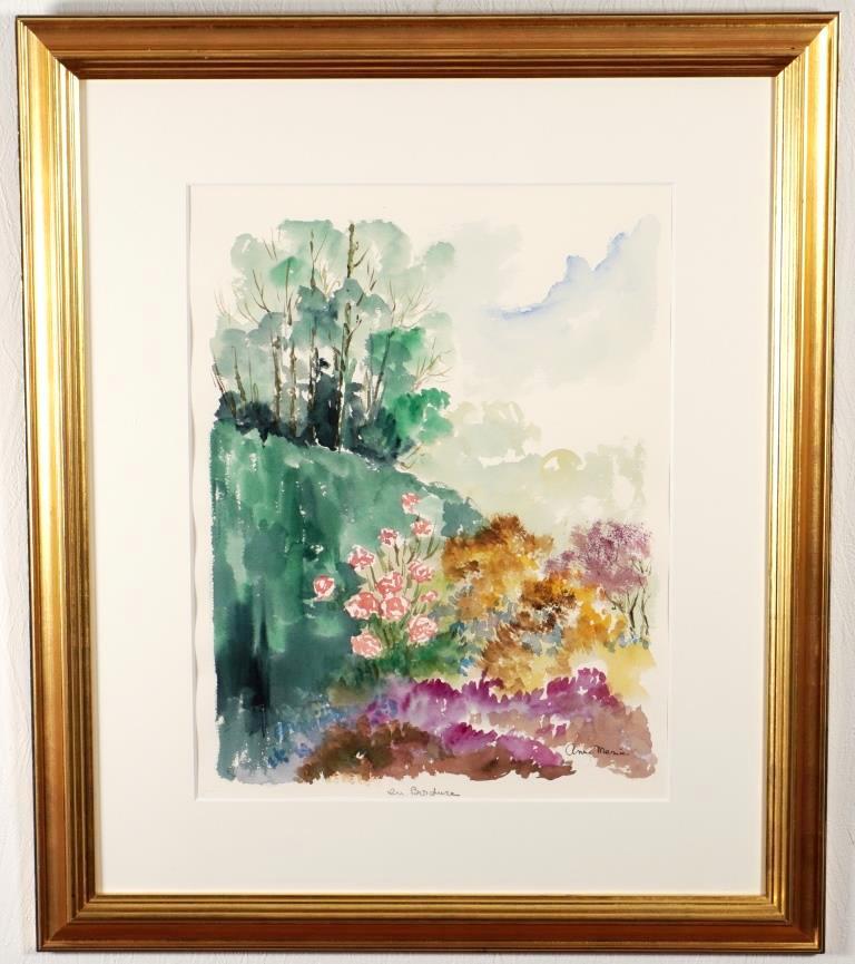 Anne Marie Outskirts of the Forest ◆ Watercolor No. 8, hand-painted ◆ Signed ◆ Rare! Popular French artist! Framed, Painting, watercolor, Nature, Landscape painting