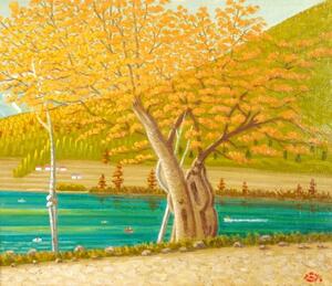 Art hand Auction 三品秀夫 中禅寺湖 ◆ 油画 10 号 ◆ 有签名 ◆ 细腻的触感！带框, 绘画, 油画, 自然, 山水画
