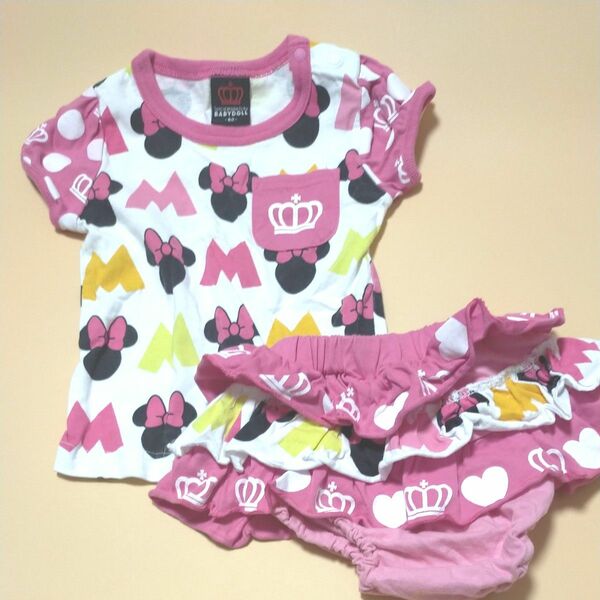 ベビードール　ミニー　ディズニー　コラボ　80cm セットアップ　ピンク色　 半袖Tシャツ　スカート