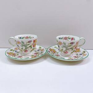 194【中古】MINTON HADDON HALL ミントン ハドンホール グリーン ペア カップ＆ソーサー 2客 ブランド 花柄 ボーンチャイナ 洋食器 現状品