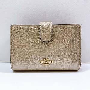 130【中古】COACH コーチ シグネチャー 二つ折り財布 レザー ゴールドカラー レディース ウォレット 財布 小銭入れあり ロゴ 現状品