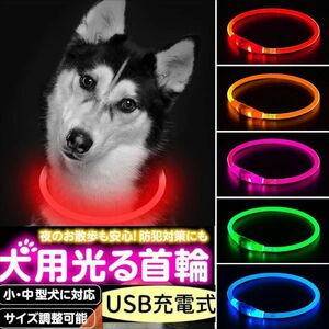 【レッド】Lightight LED光る首輪 USB充電式 サイズ調節可能 視認距離500メートル 長さは70cm 猫 小中大型犬