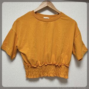 【美品】 gu ジーユー ウエストシャーリングクロップドT Tシャツ トップス ショート丈 5分袖 オレンジ Sサイズ