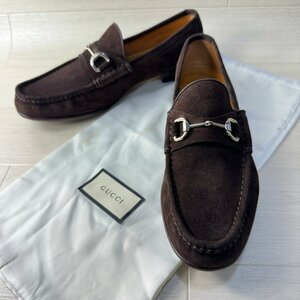 ほぼ未使用/UK11 30cm相当★グッチ/GUCCI シルバーホースビット ローファー レザーシューズ 革靴 スエード オーバーサイズ 収納袋 メンズ