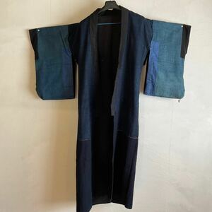 ra01/ Indigo . tree cotton hand woven era costume old . old cloth futon .. BORO .. indigo antique kimono night put on 