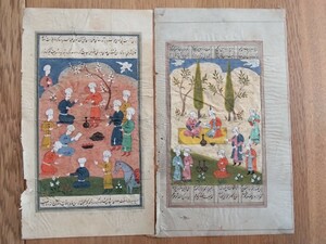 Art hand Auction Antique Indian miniature hand-painted miniature painting 2 pieces① Indian art hand-colored Indian art ethnic painting genre painting old painting traditional craft, Artwork, Painting, others