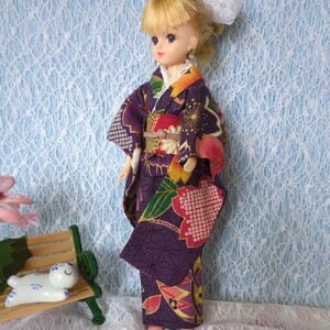 リカちゃんの着物★ハンドメイド★紫の着物・お洒落なビジュー付き帯・二点セット