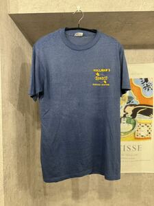 80s XLビンデージTシャツ フェードネイビー　プリントイエロー　ヴィンテージ半袖 古着 hanes シングルステッチ