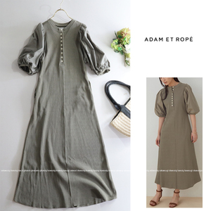 ADAM ET ROPE' アダムエロペ ★大人可愛い♪ふんわり袖リブニットヘンリーネックロング丈ワンピース