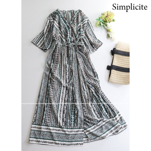 Simplicite シンプリシテェ IENA取扱い★大人可愛い♪エスニックプリントカシュクールロング丈ワンピース