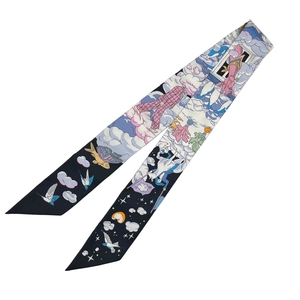  Hermes HERMEStsui Lee [SUR MON NUAGE] black × multicolor silk 100% scarf lady's used 