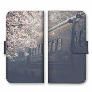 多機種対応 手帳型 スマホ ケース カバー iPhone15 AQUOS Galaxy Xperia 機関車 桜 風景写真
