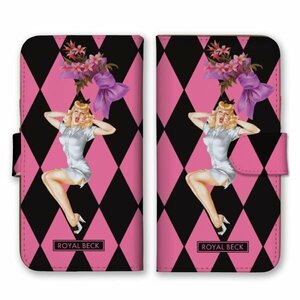 多機種対応 手帳型 スマホ ケース カバー iPhone15 AQUOS Galaxy Xperia ６０年代アメリカ女性 ダイヤ柄 黒ピンク