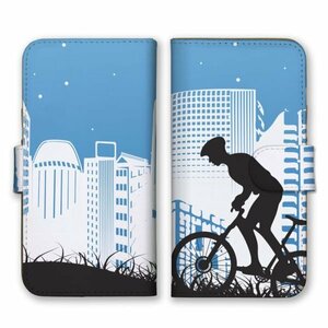 多機種対応 手帳型 スマホ ケース カバー iPhone15 AQUOS Galaxy Xperia 自転車に乗る人 影絵 街