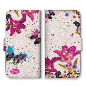 多機種対応 手帳型 スマホ ケース カバー iPhone15 AQUOS Galaxy Xperia 花 蝶 ピンク