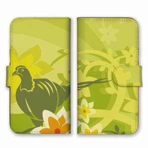 多機種対応 手帳型 スマホ ケース カバー iPhone15 AQUOS Galaxy Xperia ミドリの鳥 花 イラスト