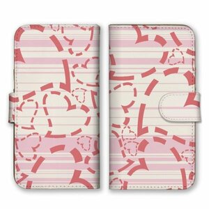 多機種対応 手帳型 スマホ ケース カバー iPhone15 AQUOS Galaxy Xperia ハート・点線 横縞 ピンク