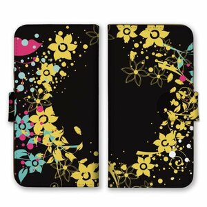多機種対応 手帳型 スマホ ケース カバー iPhone15 AQUOS Galaxy Xperia 花柄 丸形 ブラック