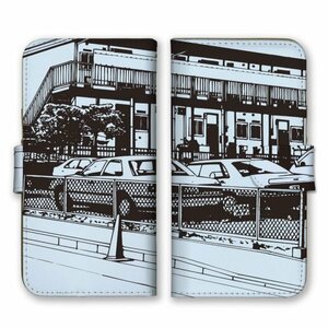 多機種対応 手帳型 スマホ ケース カバー iPhone15 AQUOS Galaxy Xperia アパート 駐車場 影絵