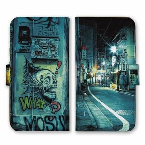 多機種対応 手帳型 スマホ ケース カバー iPhone15 AQUOS Galaxy Xperia 夜の街並み 日本 落書き