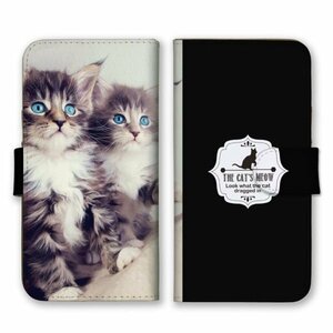 多機種対応 手帳型 スマホ ケース カバー iPhone15 AQUOS Galaxy Xperia 子猫 ブルーeye ブラック