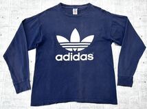 USA製 90s adidas 両面ビッグトレフォイル 長袖Tシャツ フェード　　アメリカ製 90年代 アディダス 万国旗タグ ロンT ダメージ古着 柳9650_画像1