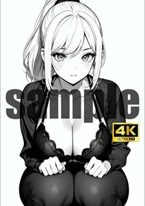 A11【A4上質紙・モノクロ】美女 マンガ風 オリジナル イラスト セクシー アニメ 同人 ポスター 白黒 可愛い 巨乳 線画 漫画 ぬり絵