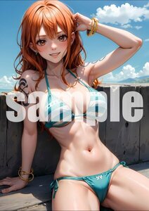 1013【A4写真用紙・高画質】『ワンピース ナミ』水着 ビキニ グラビア セクシー アニメ イラスト 同人 美女 ポスター ファンアート AI