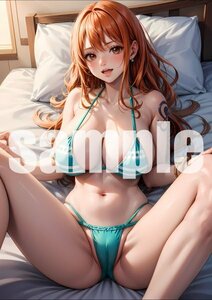 1014【A4写真用紙・高画質】『ワンピース ナミ』水着 ビキニ グラビア セクシー アニメ イラスト 同人 美女 ポスター ファンアート AI