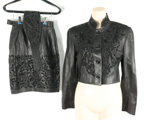 [to.] Loewe LOEWE 36 size lady's leather setup jacket skirt belt leather beads embroidery black CE798DEM35