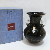 ★ IWATSU GLASS 花器 岩津硝子 手造りガラス 耳付き 花瓶 (0220474287)_画像1